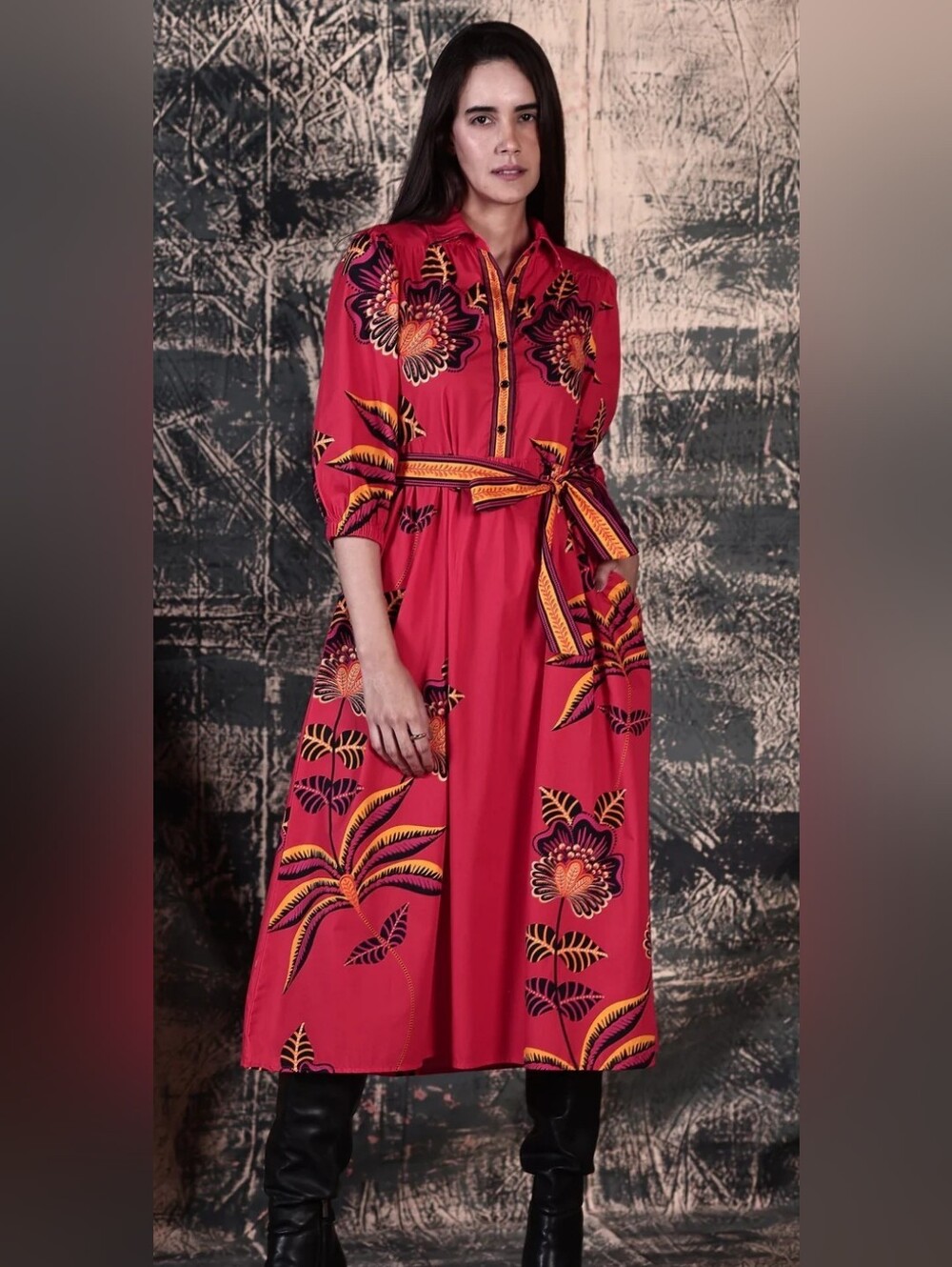 Maude Vivante EUC PTP 22 Women’s Red Floral Belted Shirt Dress
